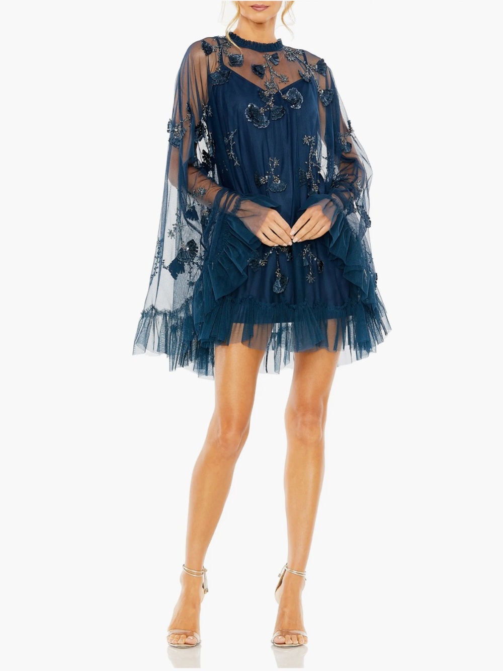 Mac Duggal Embellished Long Sleeve Trapeze Dress with Ruffle Hem